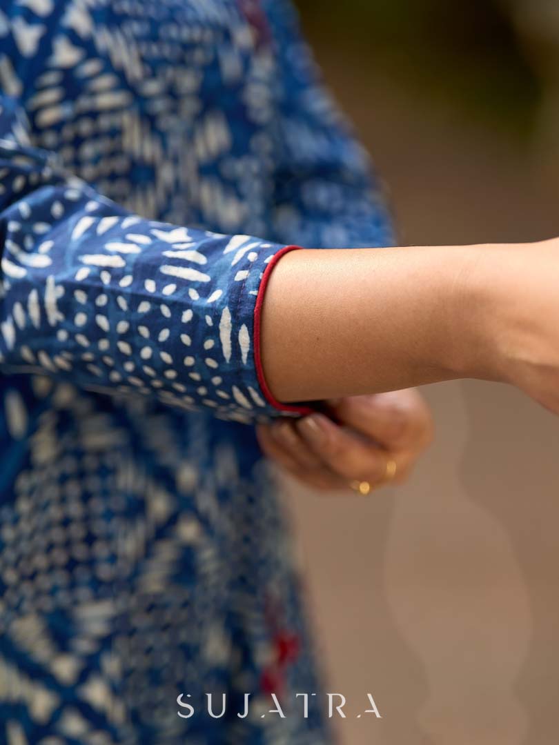 Contemporary Indigo Geometric Side-Cut Kurta with Linear Stripe Detailing and Maroon Triangle Highlights
