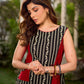 Classic Black & Off-White Floral-Stripe Printed Dress with Contrast Red Panels