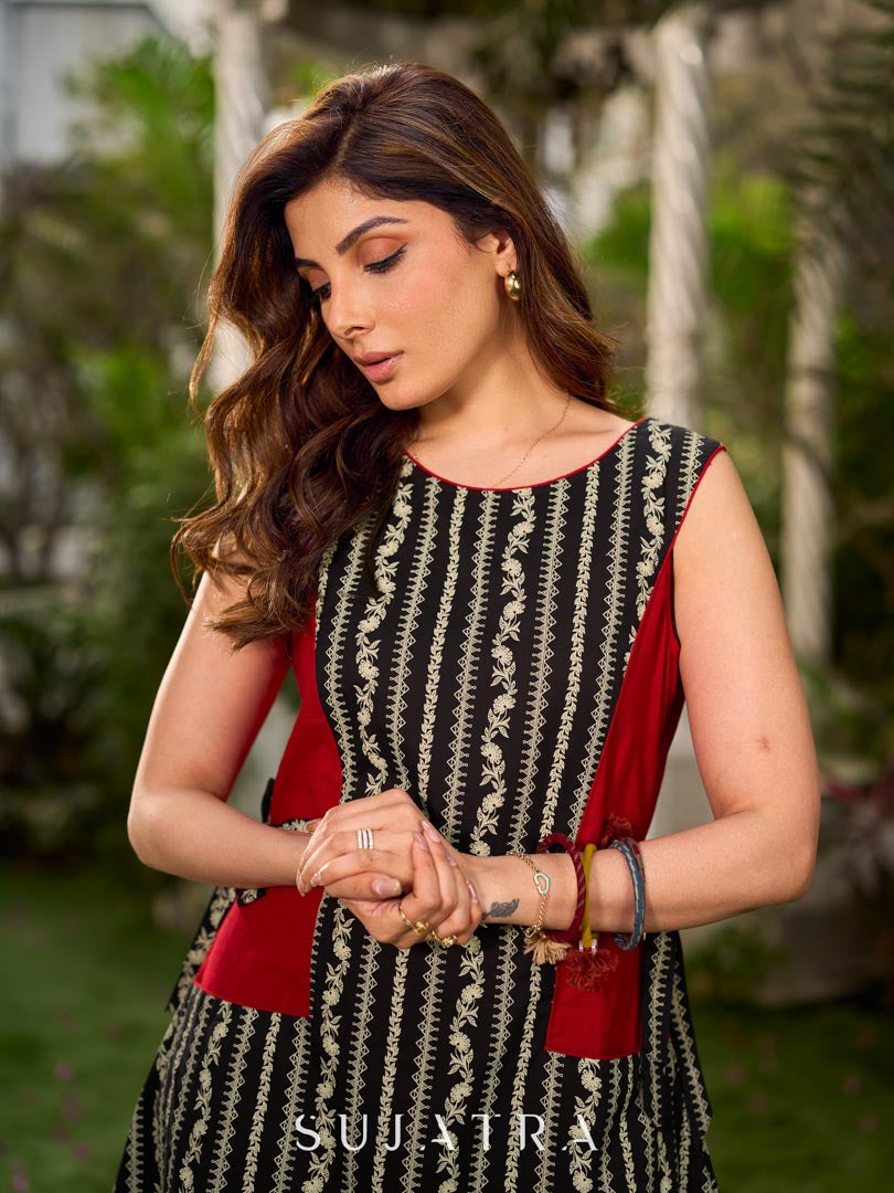 Classic Black & Off-White Floral-Stripe Printed Dress with Contrast Red Panels