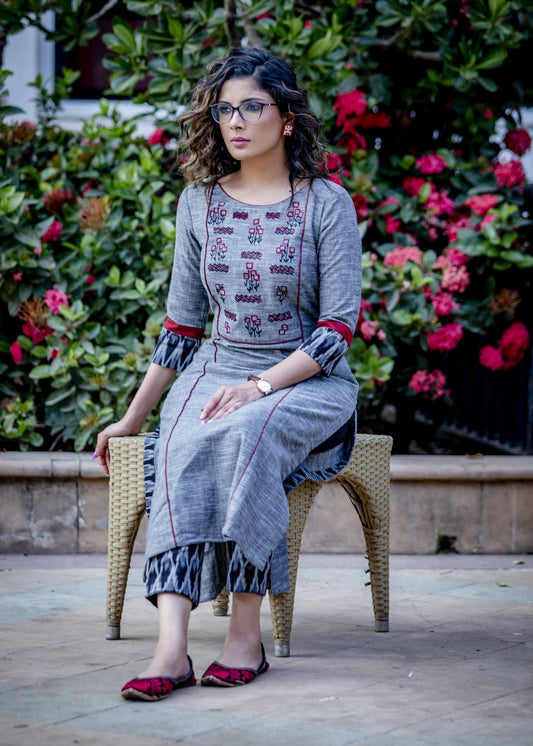 Grey handloom cotton kurta with exclusive embroidered motifs