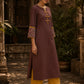 Earthy Brown Cotton Kurta with Statement Kalamkari Block Print Cuffs & Mustard Piping