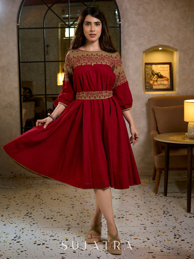 Classic Maroon & Beige Cotton Dress with Jamdani Inspired Hand Block Printed Border and Tie-Up Belt