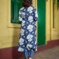 Contemporary Indigo Kurta Featuring Floral & Stripe Panels, Maroon Highlights and Asymmetric Gathered Yoke