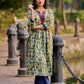Artisan Indigo Kurta with Animal Motifs, Overlapping Neck and Handcrafted Maroon Mirror Detailing