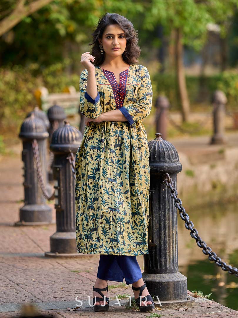 Artisan Indigo Kurta with Animal Motifs, Overlapping Neck and Handcrafted Maroon Mirror Detailing