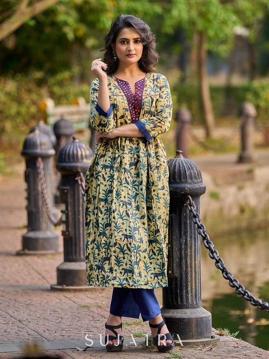 Artisan Indigo Kurta with Animal Motifs, Overlapping Neck and Handcrafted Maroon Mirror Detailing