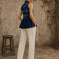 Contemporary indigo top with delicate dragonfly motifs, high folded collar, and graceful pleated hemline.