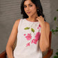 White and pink bougainvillea printed statement dress with pearl embellishments and pink accents