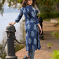 Indigo Bloom Print Kurta with Asymmetric Stripe Panel and Coin Embellishments