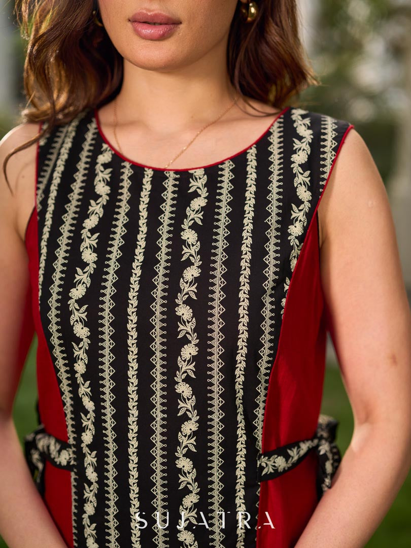 Classic Black & Off-White Floral-Stripe Printed Dress with Contrast Red Panels
