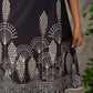 Black digital printed sleeveless dress with straight printed strip neckline and beige accents