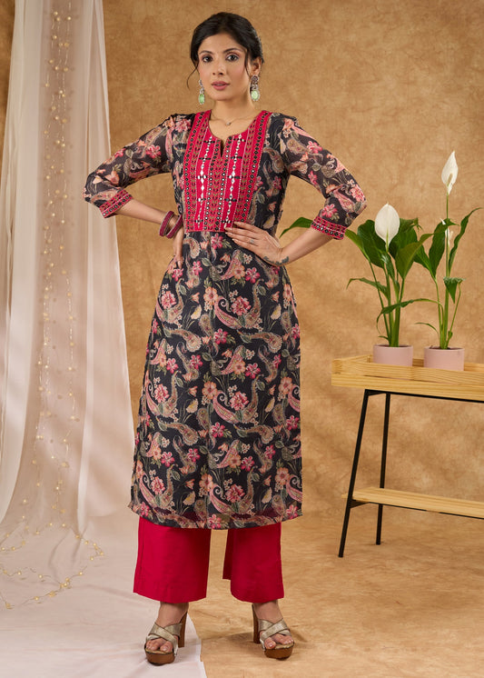 Printed chanderi kurta with exclusive embroideri pant optional