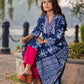 Indigo Floral Kurta with Playful Stripe Print and Magenta Hand Mirror Work on Overlapping Neckline
