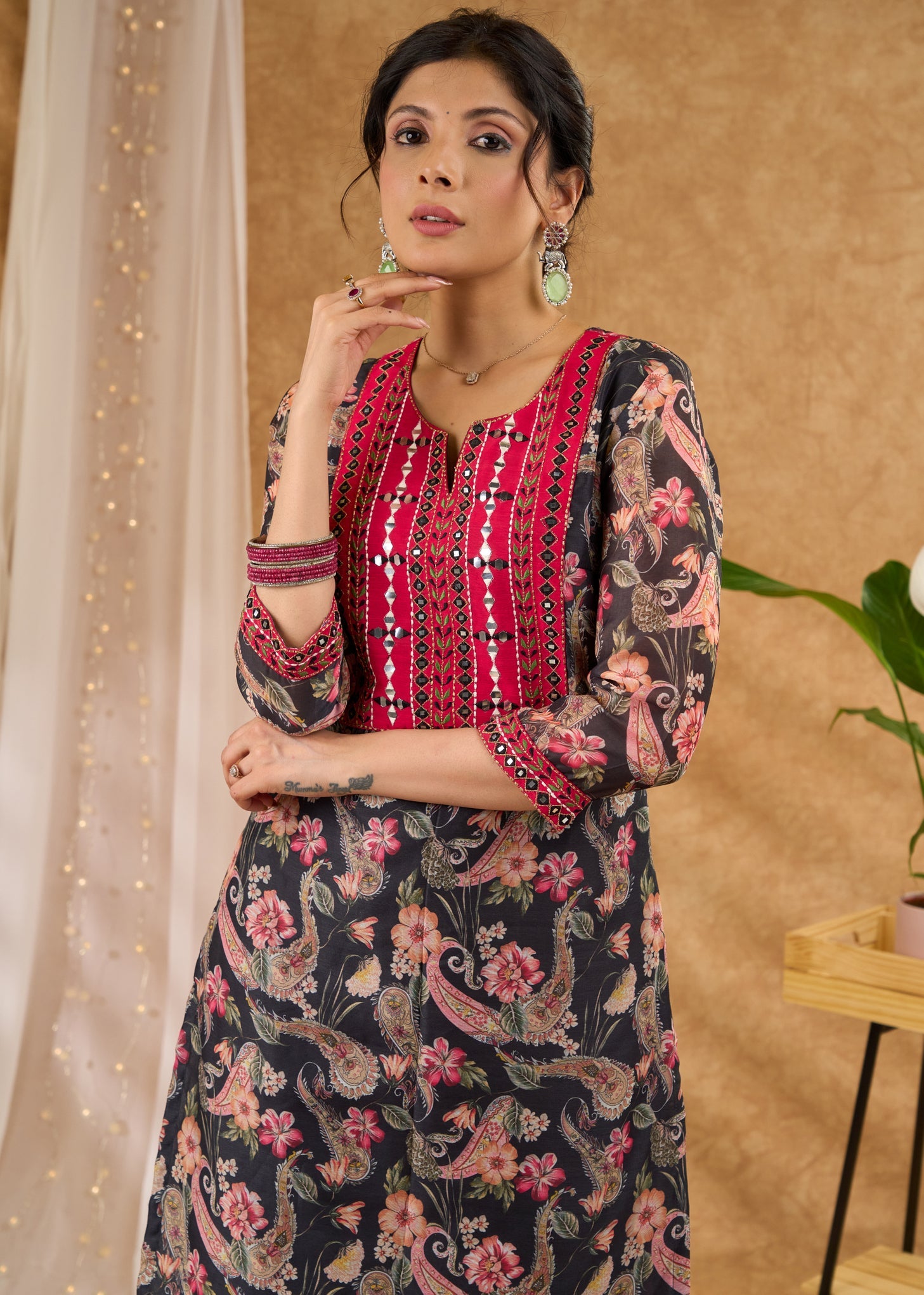 Printed chanderi kurta with exclusive embroideri pant optional