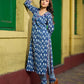 Deep Indigo Kurta with Playful Fish Print, Sculpted Neckline and Magenta Embroidery Accents