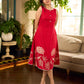 Vibrant red sleeveless dress with a bold off-white floral hand block print at the hem and clean off-white edging for a striking, handcrafted-inspired finish.