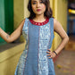 Indigo Alternating Kali Kurta with Floral & Zigzag Prints, Maroon Accents and Handcrafted Mirror Work