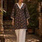Navy Blue Floral Print Short Kurta with White Hakoba V-Neck Trim & Bell Sleeves