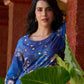 Statement royal blue printed kurta elevated with a sculpted scallop neck panel and shimmering sequins handwork