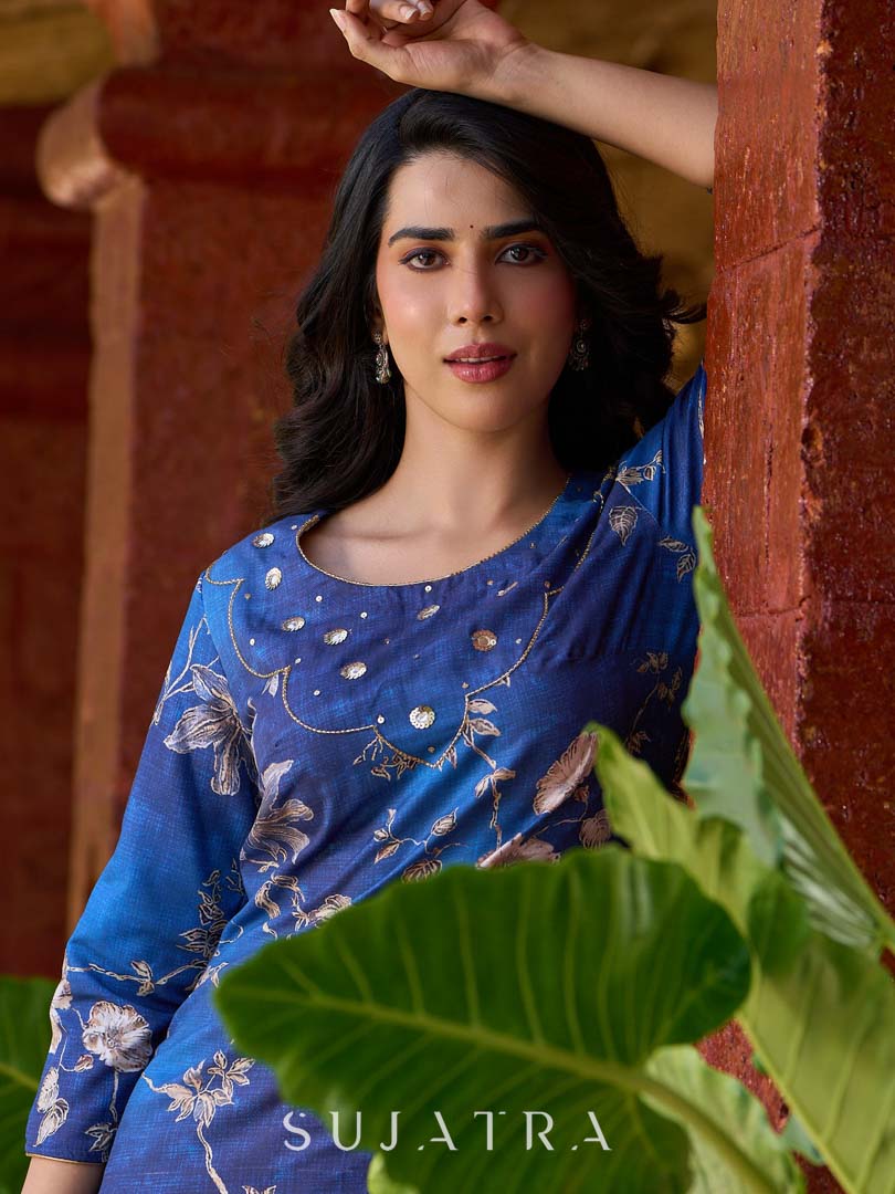 Statement royal blue printed kurta elevated with a sculpted scallop neck panel and shimmering sequins handwork