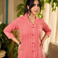 Peach and red block print stripe-floral shirt dress with fusion hand block printed stripes and jaal, a notch collar, and coordinated red accents for a vibrant, contemporary look.