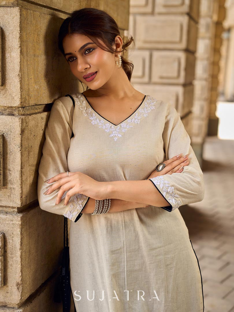 Pristine Off-White Cotton Flex Straight Kurta Featuring Subtle Monochrome Embroidery on Neckline & Sleeve Cuffs