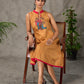 Mustard Gond printed mandarin collar dress with vibrant pink accents.