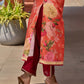 Elegant orange floral printed kurta with hand-embroidered sequin and cut dana detailing on the yoke and rich maroon accents.