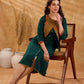 Sophisticated bottle green and mustard Ikat jacket featuring an overlapping neckline closure, front-open design, and rich maroon accents, offering a composed, tailored silhouette for corporate wear.