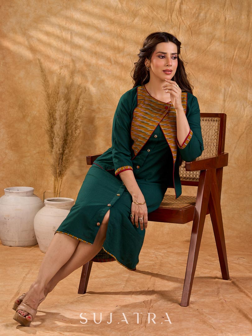 Sophisticated bottle green and mustard Ikat jacket featuring an overlapping neckline closure, front-open design, and rich maroon accents, offering a composed, tailored silhouette for corporate wear.