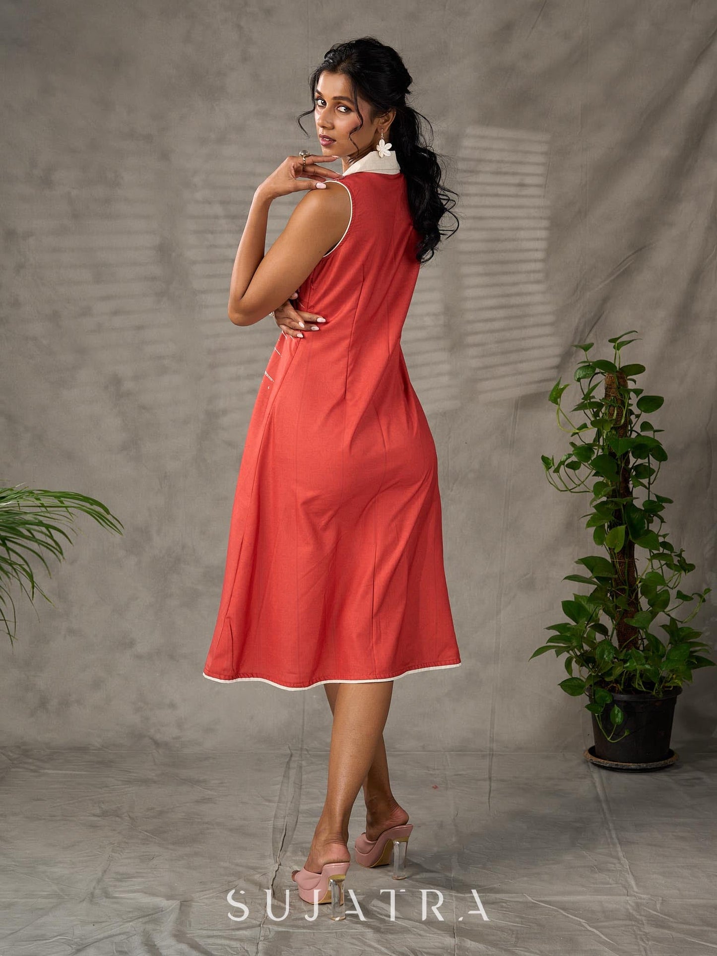 Brick Orange shirt dress with timeless traditional prints, off white notch collar and off white accents