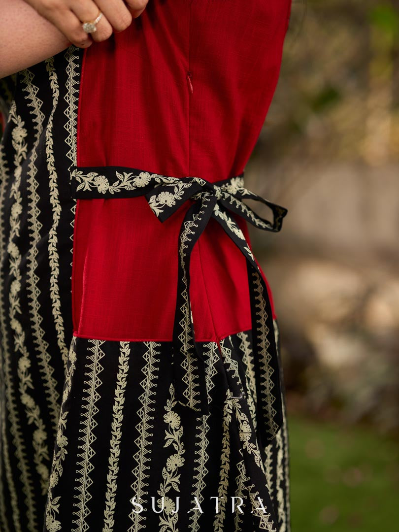 Classic Black & Off-White Floral-Stripe Printed Dress with Contrast Red Panels
