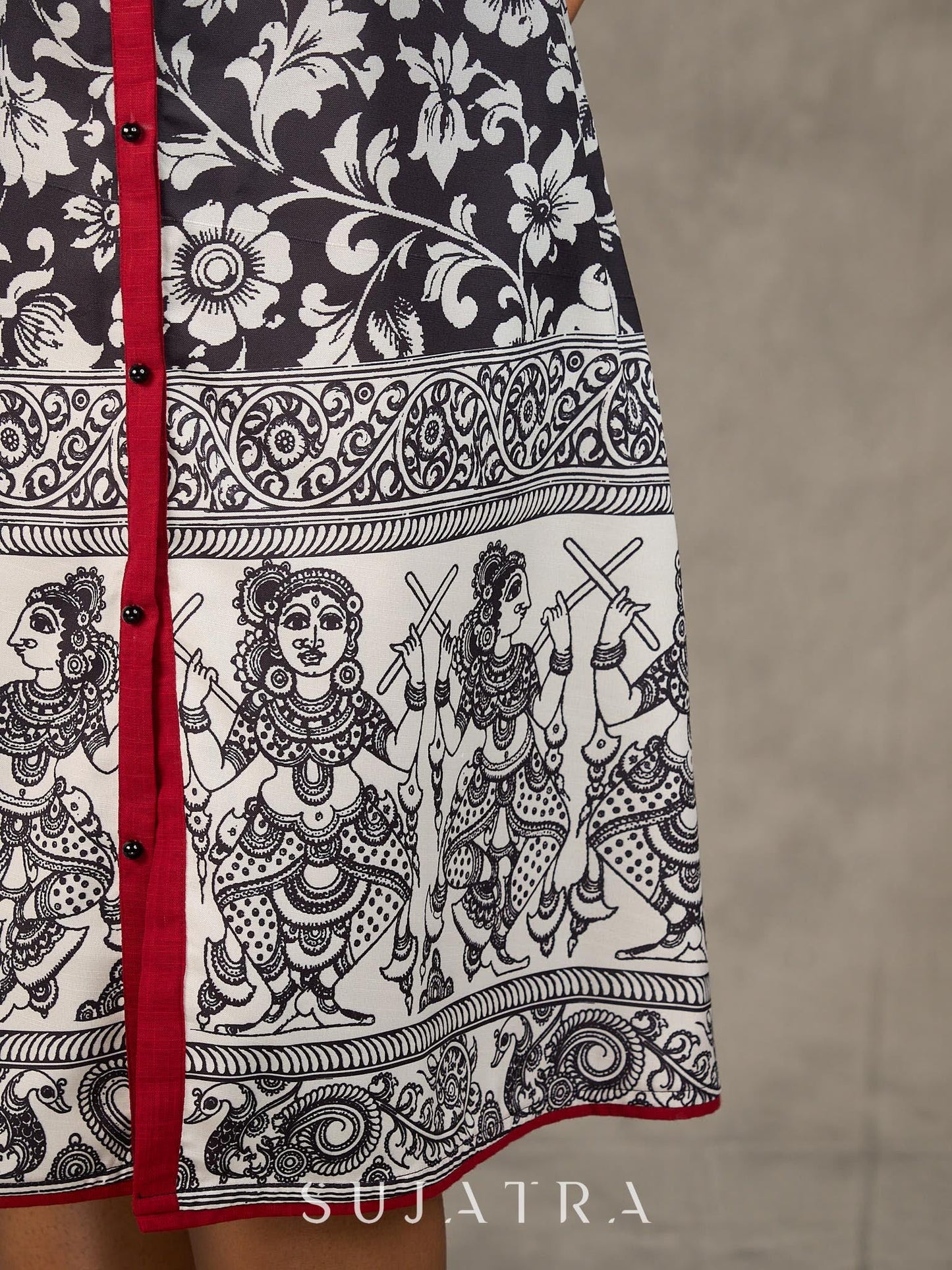Black and maroon ombré Kalamkari inspired motif printed shirt dress with slit mandarin collar and maroon accents