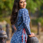 Indigo Printed A-Line Kurta with Waist-Defining Side Strings and Maroon Detailing