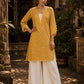 Radiant Mustard All-Over Booti Print Viscose Short Kurta with Pearl Studded Neckline & Hakoba Yoke