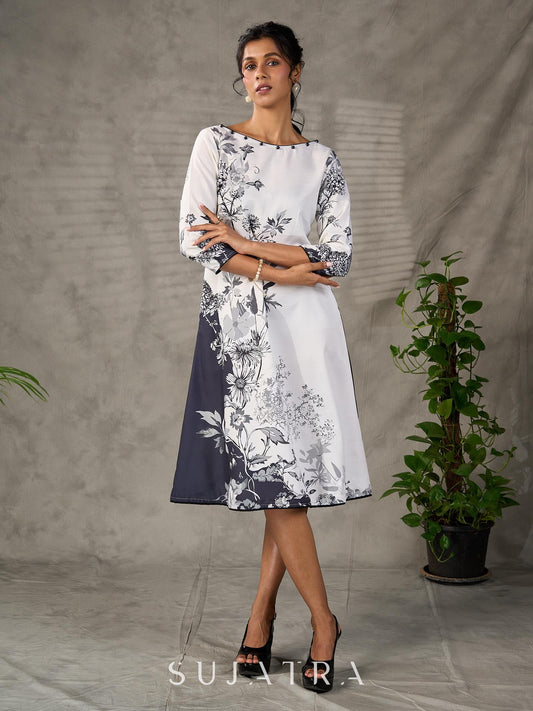 White and black floral dress with pearl embellishments and black accents.