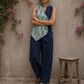 Indigo fish-print crossover sleeveless top featuring a mirror-laced Mandarin collar and beautifully scalloped cut hem.