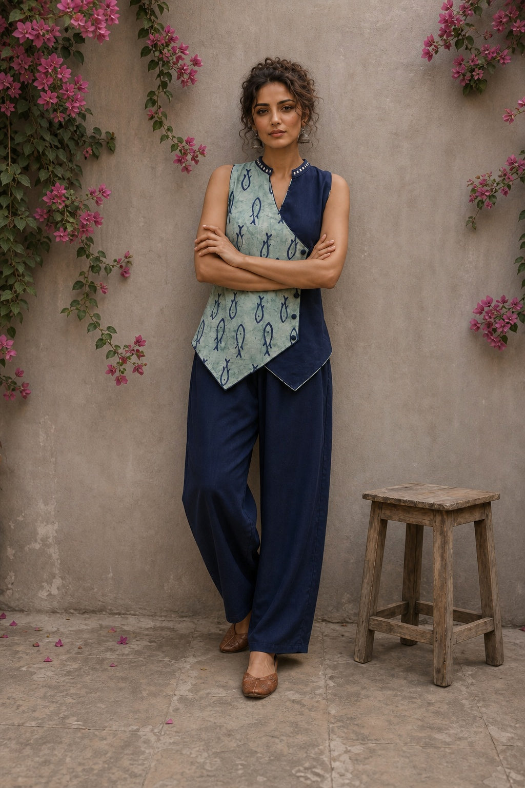Indigo fish-print crossover sleeveless top featuring a mirror-laced Mandarin collar and beautifully scalloped cut hem.