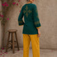 Enchanting bottle green tunic featuring a refined, rhythmic Block print motifs, vibrant mustard accents, and a graceful aesthetic.