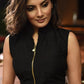 Black cotton silk Chinese collar ready made blouse with ikat combination back - Sujatra