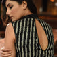 Black cotton silk Chinese collar ready made blouse with ikat combination back - Sujatra