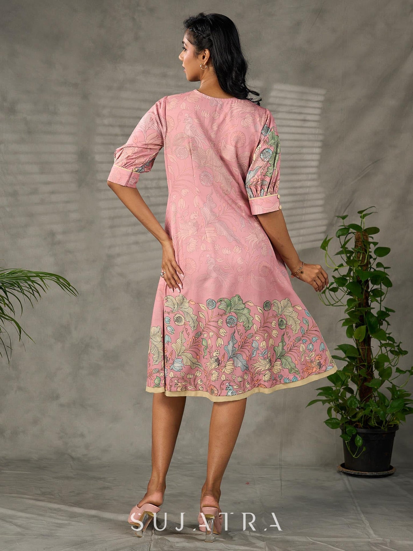 Blush pink Kalamkari printed dress with elegant pleated detailing