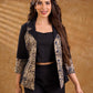 Elegant black and navy Kalamkari jacket featuring a notch collar and subtle navy accents, creating a graceful, tailored silhouette suited for polished corporate wear.