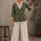 Earthy deep olive Jaipur floral top featuring box-pleated sleeves and delicate Hakoba accents for timeless elegance.