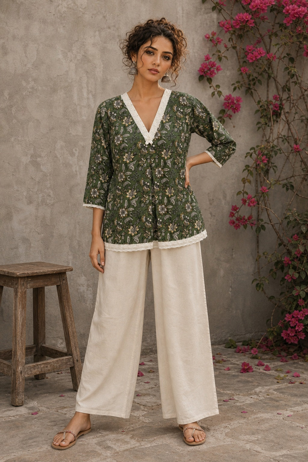 Earthy deep olive Jaipur floral top featuring box-pleated sleeves and delicate Hakoba accents for timeless elegance.