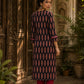 Striking Black Ajrakh Block Print Straight Kurta with Bold Maroon Collar & Mirror Cuff Accent