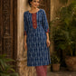 Indigo Dabu Print Kurta with Contrast Ajrakh Rust Chevron V-Placket & Matching Cuff Detail