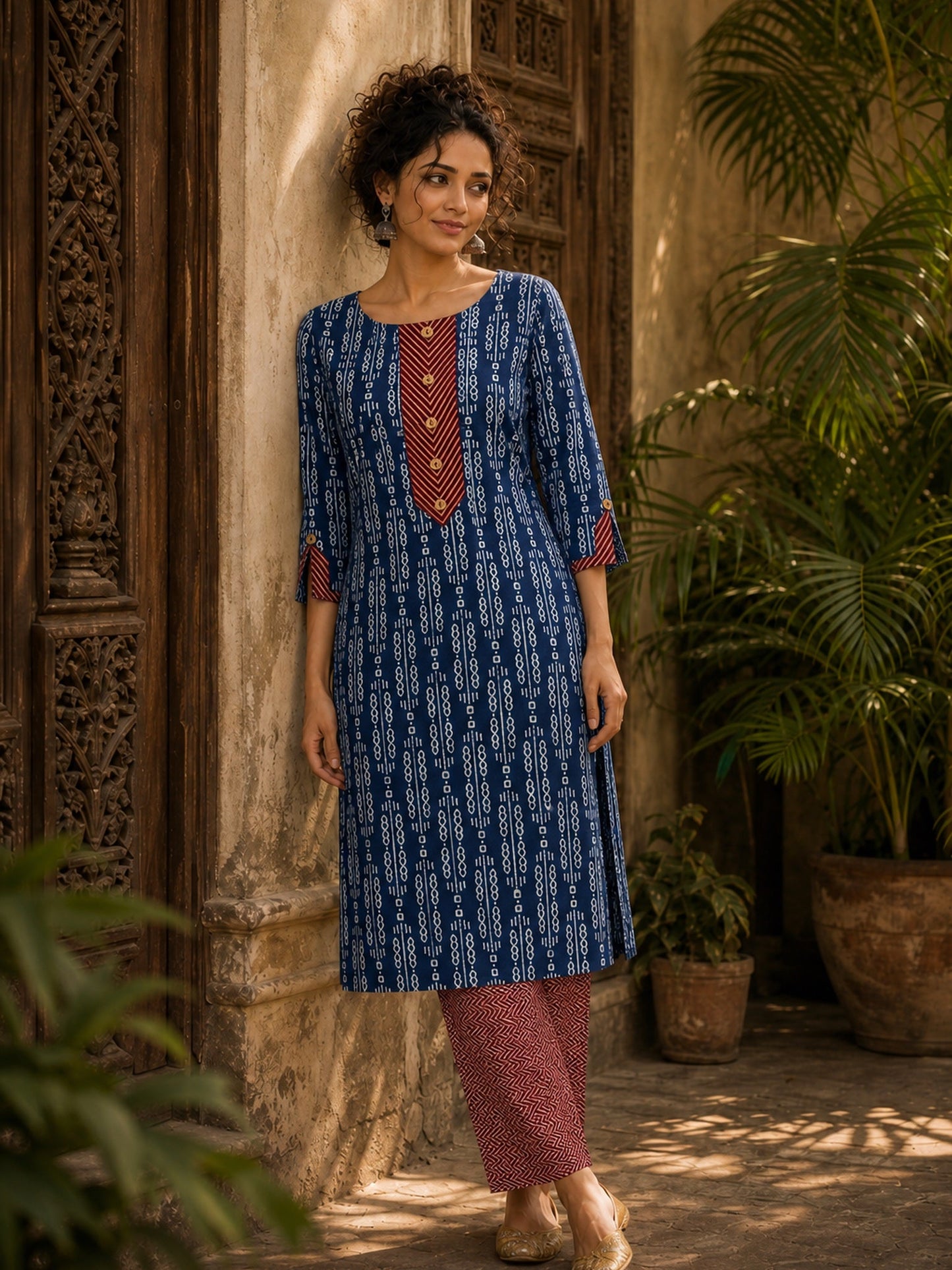 Indigo Dabu Print Kurta with Contrast Ajrakh Rust Chevron V-Placket & Matching Cuff Detail