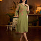 Muted pista hand block printed dress with delicate cascading hand block floral motifs and soft pink accents for a graceful, elegant, and refreshing everyday look.