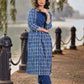 Indigo Printed Kurta with Statement Neck Patch, Flowing Gathers and Pearl Embellished Sleeves